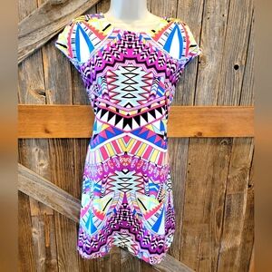 Uncle Frank Multi-Colored Print Geo Shift Dress S 100% Rayon Pockets Summer ^